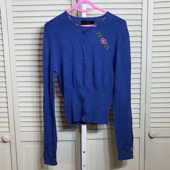Express Sweaters - NWT Express Y2K Vintage Periwinkle Embroidered & Beaded Floral Cardigan Large